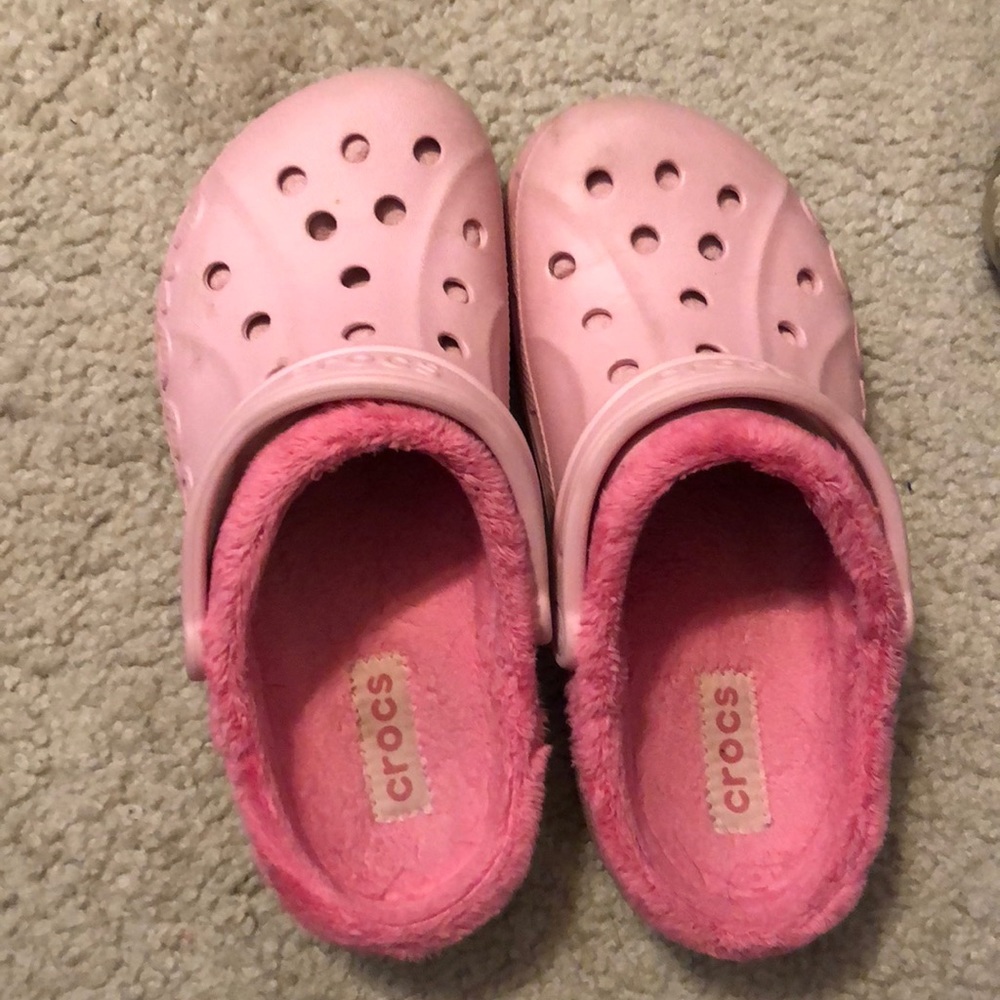 Pink fuzzy Crocs